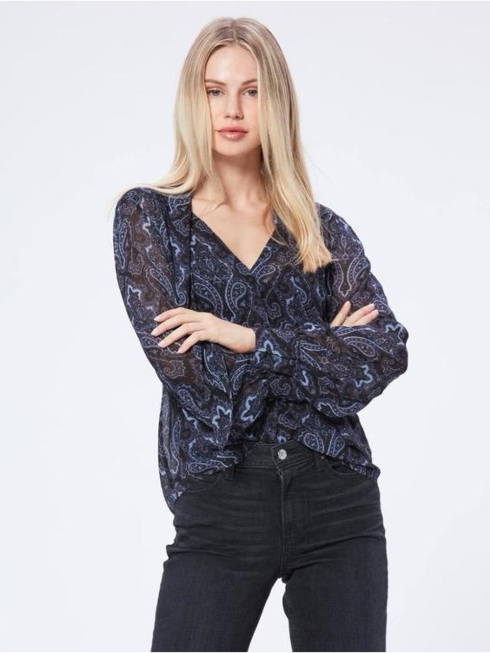 PAIGE Cleobelle Blouse Granite Wandering Paisley L NWOT